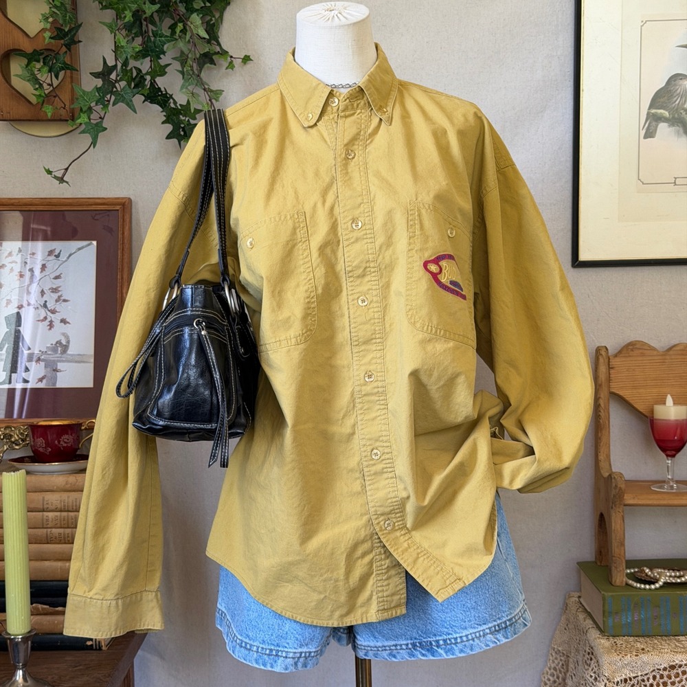 Bugle Boy Mustard Yellow Cotton Canvas Button Down Shirt Vintage L Long Sleeve